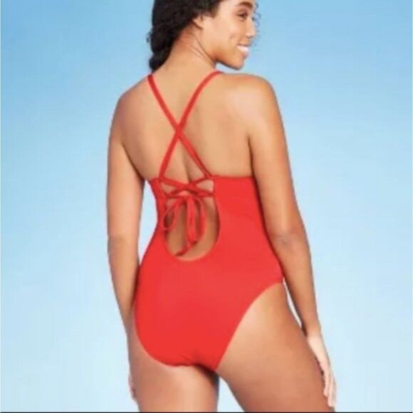 Shade Shore Plunging Neckline Swim Ruffled Strappy Cheeky Bathing Suit Tank L - Picture 4 of 5